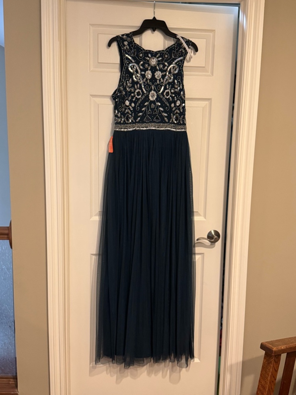 Women’s Navy Hand Sequined Tulle Evening Dress NWT